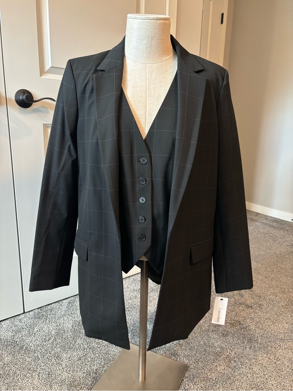 Women’s Calvin Klein Black Windowpane Suit Blazer with Vest - Size 14